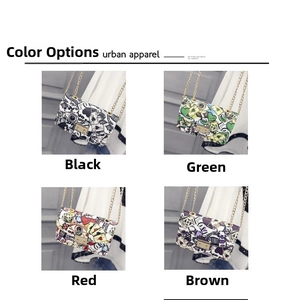 Detail view showing four colors of poker pattern chain crossbody bags in a grid layout