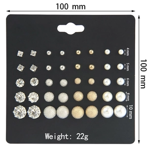 Set of crystal, silver ball, and pearl stud earrings in sizes 4mm to 10mm on 100mm card