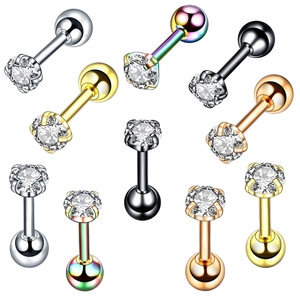 Barbell ear studs set with four-prong cubic zirconia and stainless steel back ball screw