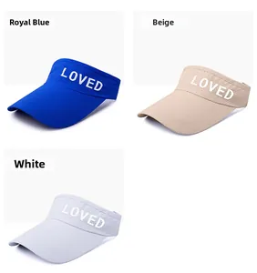 Breathable quick-dry visor hats in royal blue, beige, and white with LOVED logo