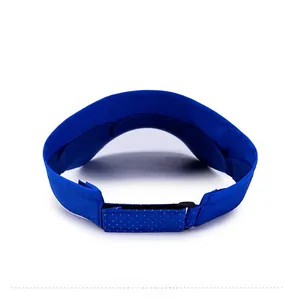 Detail view of the back of a blue sun visor with adjustable velcro strap and breathable mesh