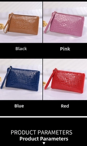 Detail showing faux crocodile textured small wristlet pouches in four glossy lacquer colors