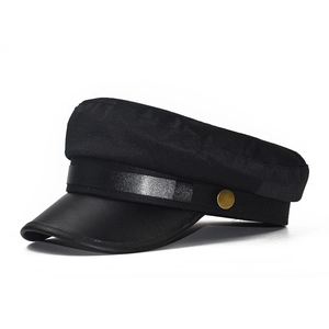 Minimalist black military-style flat cap with PU leather brim and gold metal buckle