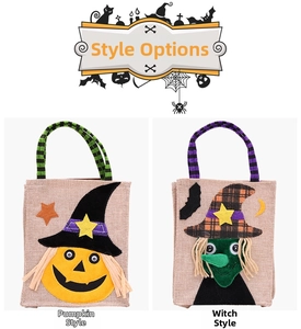Detail of Halloween linen candy bags with creative pumpkin and witch felt appliques