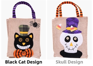 Detail of Halloween linen gift bags featuring black cat and skull patchwork designs