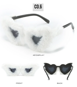 Three-angle view of heart-shaped sunglasses with white plush fur trim and dark lenses