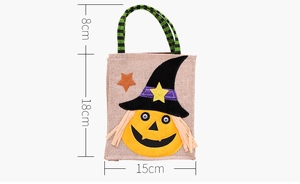 Detail showing dimensions of Halloween linen pumpkin wizard hat gift bag for kids