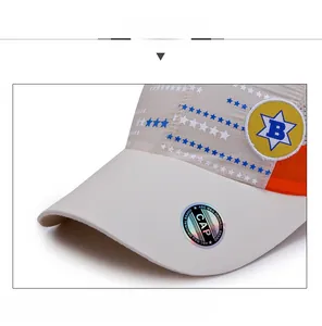Detail of beige quick-dry kids cap with star patterns and embroidered B letter patch