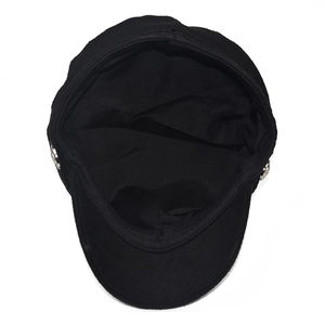 Classic black military octagonal beret hat with silver side buckle and vintage texture