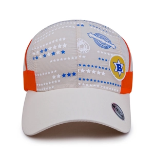 Kids quick-dry baseball cap with orange panels and star prints for summer camps