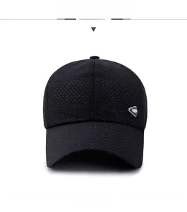 Close-up of black breathable mesh baseball cap featuring side triangle patch detail