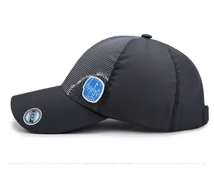 Detail of gray quick-dry outdoor cap featuring blue HIGH TECH 3D logo and breathable side mesh