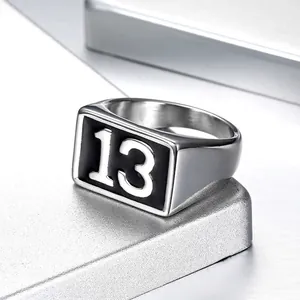 Retro punk style men's stainless steel ring featuring lucky number 13 on black enamel