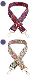 Close-up of adjustable woven shoulder straps with ethnic patterns and golden metal buckles