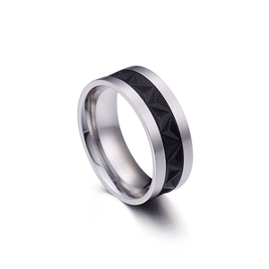 Classic titanium steel ring with two-tone silver and black embossed geometric pattern