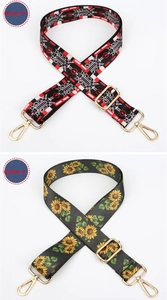 Detail of adjustable wide shoulder straps with geometric and sunflower patterns
