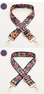Close-up of bohemian pattern bag straps with golden lobster clasps and metal buckles