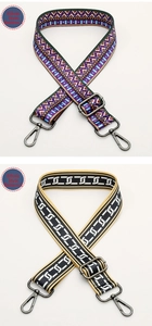 Detail of adjustable wide woven shoulder straps with colorful patterns and metal hooks