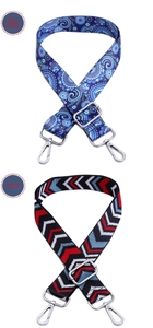 Detail of adjustable patterned replacement bag straps with silver metal swivel hooks