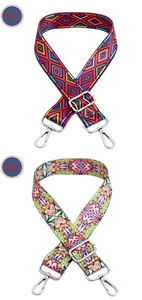 Detail of adjustable wide fabric bag straps with floral and colorful geometric patterns