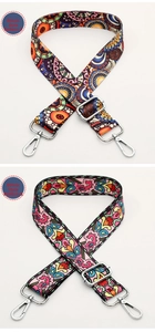 Detail of adjustable ethnic style wide straps with colorful geometric patterns and silver buckles