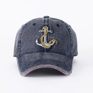 Vintage navy blue washed denim baseball cap featuring an anchor embroidery and striped brim
