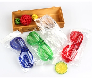 Detailed set of blue, green, white, and red LED shutter glasses in individual packaging