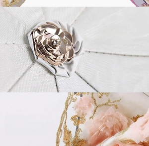 Detail of silver flower top cap and lace edges on white floral embroidery sun umbrella
