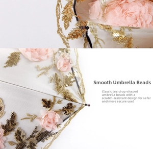 Detail of white lace umbrella with floral embroidery and drop-shaped metal safety beads