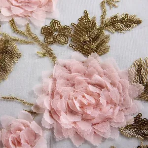Three-fold double layer sun umbrella with 3D floral lace embroidery and gold sequins
