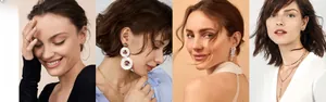 Close-up of elegant gold and silver earrings with rings set on female model with soft lighting