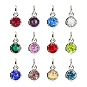 Set of 12 colorful round birthstone pendants with silver frames in a grid layout