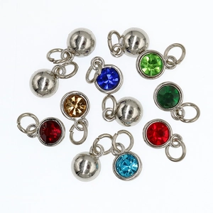 Silver alloy birthstone charms with colorful inlaid crystals for DIY jewelry and pet tags