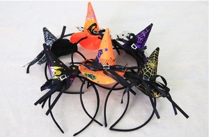 Various Halloween witch hat headbands with spider webs, sequins and lace bows