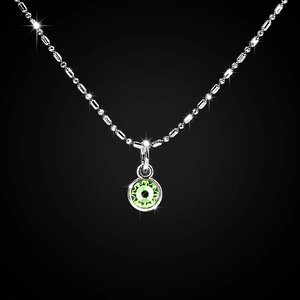 Detailed view of silver bead chain with round light green faceted gemstone pendant