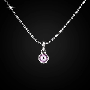 Close-up of a round purple crystal pendant on a silver-tone chain against a black background