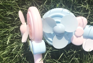 Close-up of pink and blue lollipop-style handheld fans on grass in sunny weather