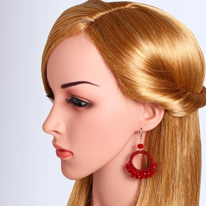 Handmade red beaded hoop earrings with vintage woven design for women fashion jewelry
