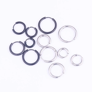 Classic silver and black stainless steel hoop earrings set in various sizes for men
