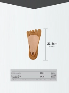 Size guide for low cut five-toe socks showing 21.5cm length for shoe sizes 34-39