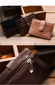 Detailed close-up of slim PU leather wallet featuring multiple card slots and side zipper