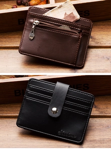 Detail view of slim PU leather card holders with multiple slots and coin pocket
