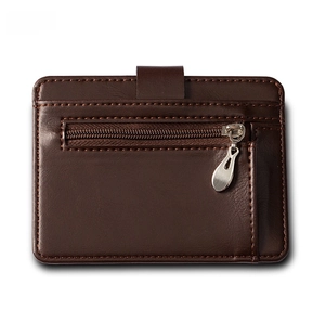 Detail view of the back side of a dark brown PU leather card holder with zipper pocket