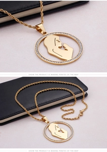 Detailed view of a gold circular pendant with a female silhouette and rhinestone border