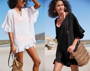 Detalle de textura de algodón en vestido playero con dobladillo y puños con volantes
