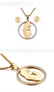 Macro detail of 18K gold plated necklace and earrings set with crystal inlay