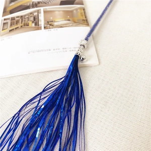 Blue tassel cat wand with metallic tinsel, silver bell and clear stick for interactive play