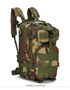 Detail of jungle camouflage tactical backpack with high-density nylon and MOLLE system