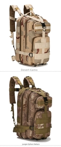 Detailed view of tactical 3P backpack in Desert and Jungle Python camo with Molle system