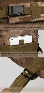 Detail view of tactical camo backpack showing KAM buckle, foam padding and metal D-ring